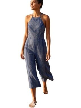 Belle Vere Navy White Linen Pinstriped Halter Wide Leg Cropped Pants Jumpsuit M